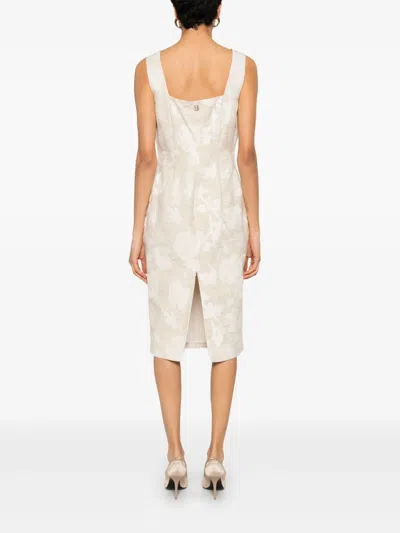 Blugirl Beige Midi Dress With Roses And Slit In Nude