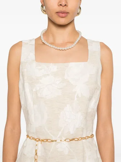 Blugirl Beige Midi Dress With Roses And Slit In Nude