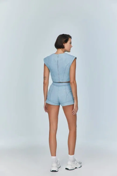 Jendue Marvel V-neck Denim Top In Ever Blue