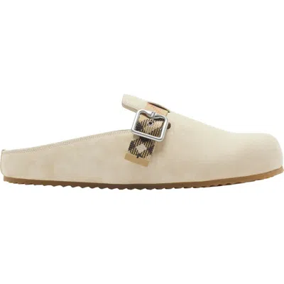 Burberry Slip-on Clog With Suede Finish And Buckle Detail In Beige