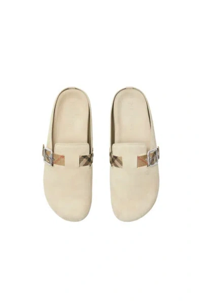 Burberry Slip-on Clog With Suede Finish And Buckle Detail In Beige