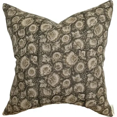 Linen & James Jordan Charcoal Tan Floral Handblock Pillow Cover In Charcoal Gray