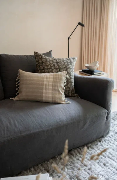 Linen & James Jordan Charcoal Tan Floral Handblock Pillow Cover In Charcoal Gray