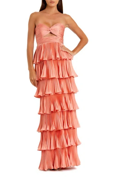 Mac Duggal Pleated Charmeuse Strapless Tiered Ruffle Gown In Terra Cotta