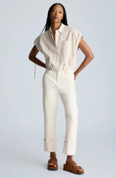 Kenneth Cole Drop Shoulder Short Sleeve Button Front Shirt In Pure White/chai