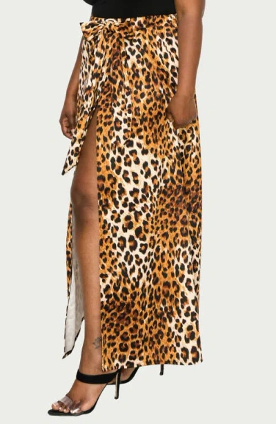 L I V D Leopard Tie Front High Waist Faux Wrap Maxi Skirt In Taupe