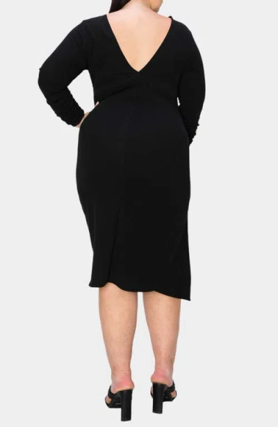 L I V D Bianca Open Back Side Slit Long Sleeve Stretch Dress In Black