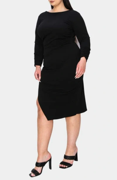 L I V D Bianca Open Back Side Slit Long Sleeve Stretch Dress In Black