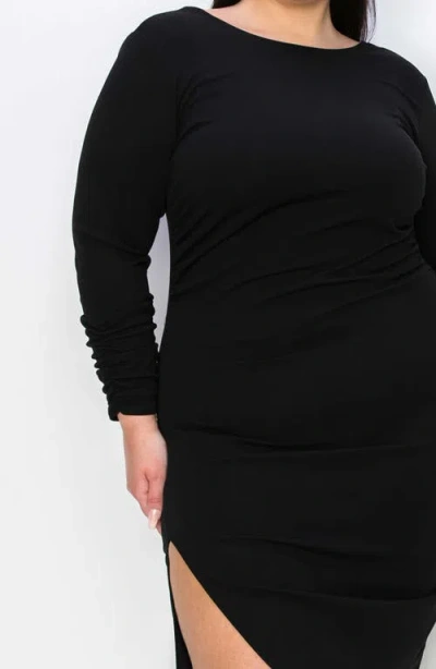 L I V D Bianca Open Back Side Slit Long Sleeve Stretch Dress In Black