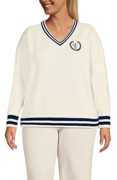 Lands' End Plus Size Drifter Varsity Vneck Sweater With Crest In Fresh Ivory Navy Tipping