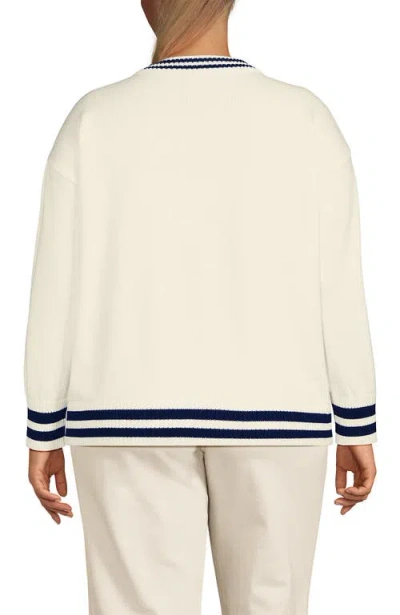 Lands' End Plus Size Drifter Varsity Vneck Sweater With Crest In Fresh Ivory Navy Tipping