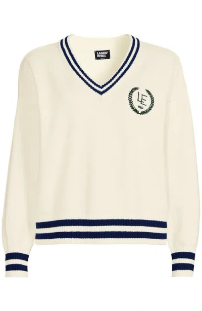 Lands' End Plus Size Drifter Varsity Vneck Sweater With Crest In Fresh Ivory Navy Tipping
