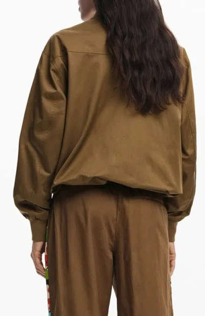 Desigual Contrast Sleeve Stripe Cotton Blend Bomber Jacket In Camel