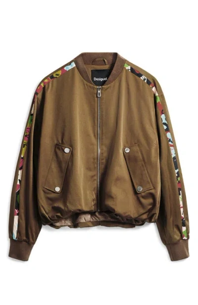 Desigual Contrast Sleeve Stripe Cotton Blend Bomber Jacket In Camel