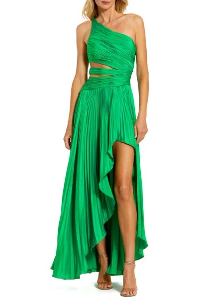 Mac Duggal One Shoulder Pleated Charmeuse Gown With Slit In Spring Green