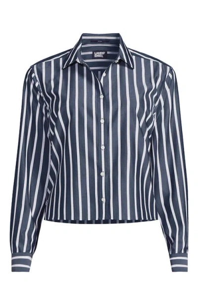 Lands' End Plus Size No Iron Boxy Cropped Shirt In Navy/white Dual Stripe