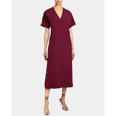 Santorelli Serafina Short Sleeve Midi Shift Dress With Side Skirt Buttons In Fluid Techno Crepe In Cherry Cola