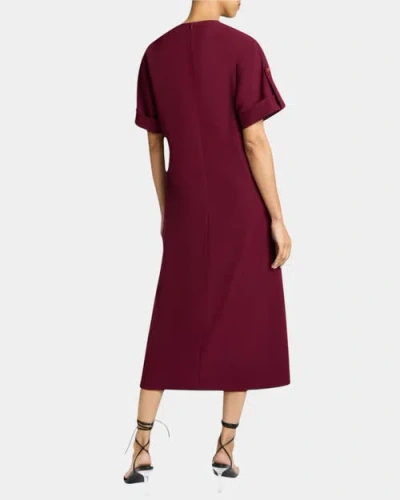 Santorelli Serafina Short Sleeve Midi Shift Dress With Side Skirt Buttons In Fluid Techno Crepe In Cherry Cola