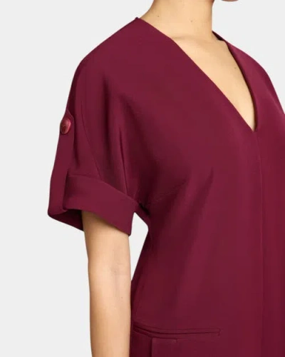 Santorelli Serafina Short Sleeve Midi Shift Dress With Side Skirt Buttons In Fluid Techno Crepe In Cherry Cola