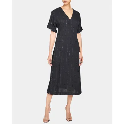 Santorelli Serafinashort Sleeve Midi Shift Dress With Side Skirt Buttons In Metallic Striped Linen In Black