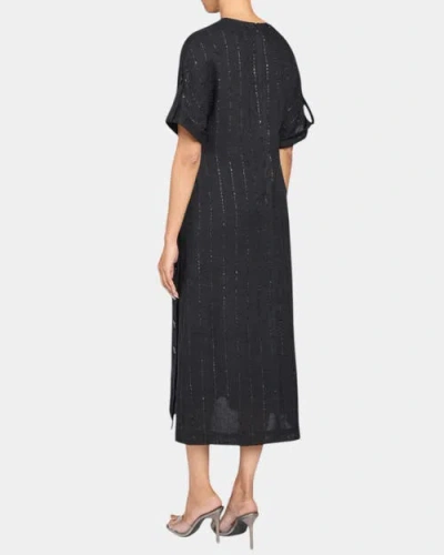 Santorelli Serafinashort Sleeve Midi Shift Dress With Side Skirt Buttons In Metallic Striped Linen In Black