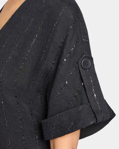 Santorelli Serafinashort Sleeve Midi Shift Dress With Side Skirt Buttons In Metallic Striped Linen In Black
