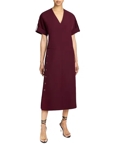 Santorelli Serafina Short Sleeve Midi Shift Dress With Side Skirt Buttons In Fluid Techno Crepe In Cherry Cola