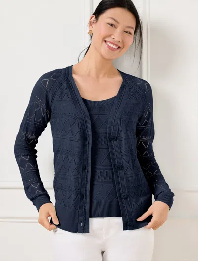 Talbots Plus Petite - Lace Pointelle Cardigan Sweater - Blue - 2x  In Blue