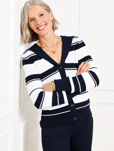 Talbots Plus Petite - Sailor Collar Cardigan Sweater - Stripe - Indigo/white - 3x - 100% Cotton  In Indigo,white