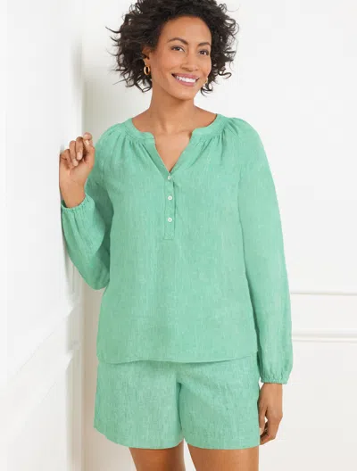 Talbots Plus Petite - Lantern Sleeve Linen Top - Cross Dyed - Deep Green/white - 2x  In Deep Green,white