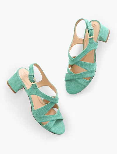 Talbots Millie Straps Block Heel Washed Linen Sandals - Deep Green - 11m  In Deep Green