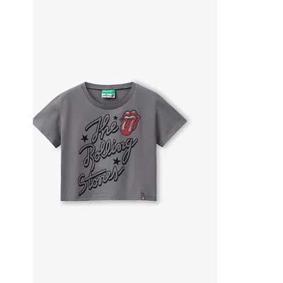 Benetton Womens The Rolling Stones Rhinestone-embellished Cotton T-shirt 6-14 Years Mat Grey