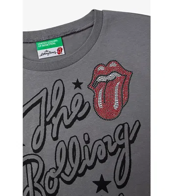 Benetton Womens The Rolling Stones Rhinestone-embellished Cotton T-shirt 6-14 Years Mat Grey