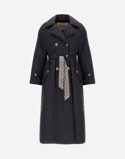 Herno Trench Coat In Ecoage And Monogram Lurex In Blu Navy