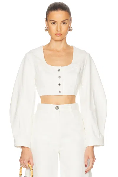 Matthew Bruch Apron Leg Of Mutton Sleeve Crop Top In White Denim