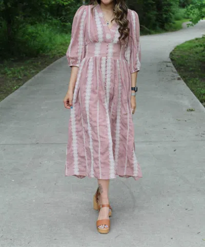 Blue B Embroidered Geo Aztec Stripe Midi Dress In Rose In Multi