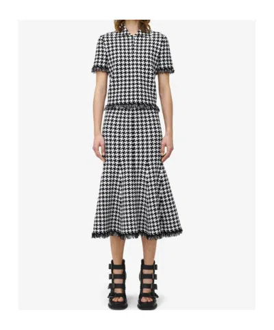Alexander Mcqueen Mcqueen Midi Houndstooth Skirt With Flared Silhouette In Black