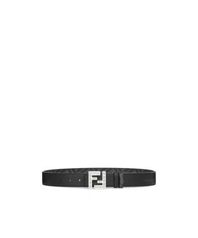 Fendi Ff Squared Leather And Ff Canvas Reversible Belt Accessories In Black