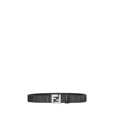 Fendi Ff Squared Leather And Ff Canvas Reversible Belt Accessories In Black