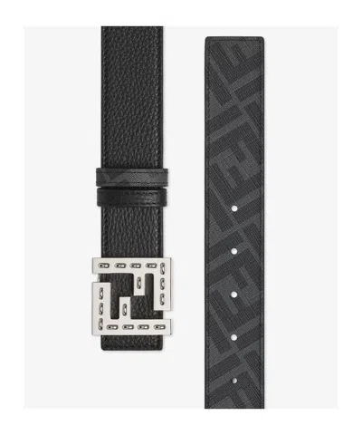 Fendi Ff Squared Leather And Ff Canvas Reversible Belt Accessories In Black