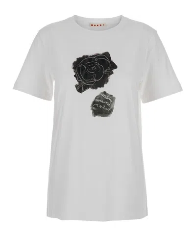 Marni White Crewneck T-shirt With Floral Print With Logo On The Front In White