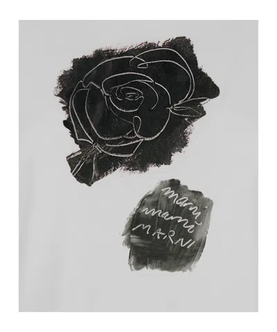 Marni White Crewneck T-shirt With Floral Print With Logo On The Front In White