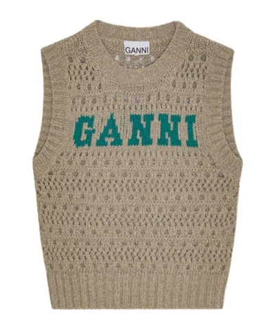 Ganni Perforated Vest With Logo Inlay In Green