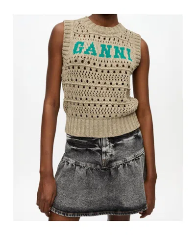 Ganni Perforated Vest With Logo Inlay In Green