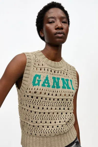 Ganni Perforated Vest With Logo Inlay In Green