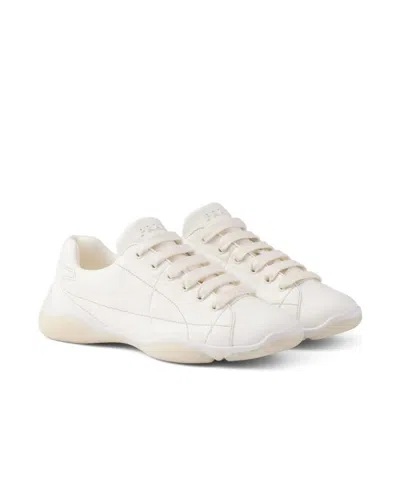Prada Leather Sneakers Crafted Geometric Stitching In Black
