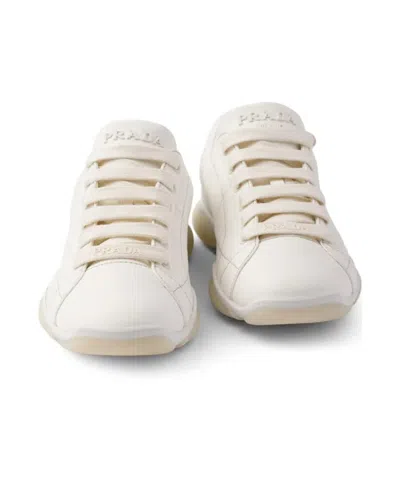 Prada Leather Sneakers Crafted Geometric Stitching In Black