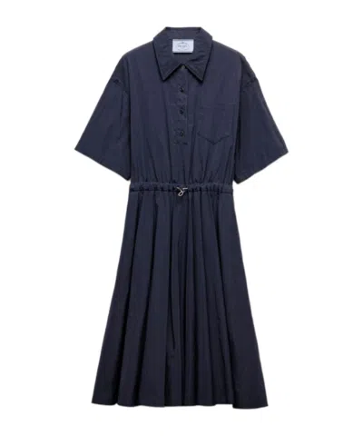 Prada Drawstring Pleated Midi Dress In Blue