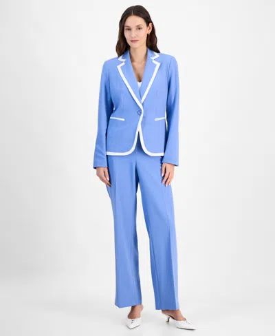 Le Suit Contrast-tipped Pant Suit Set Regular & Petite Sizes In Pale Blue