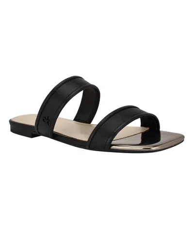 Calvin Klein Women's Felisa Double Band Slip-on Flat Sandals In Black Leather